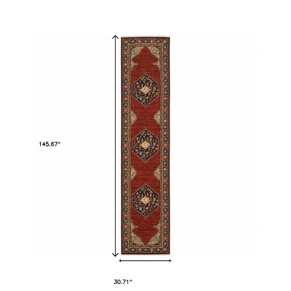HomeRoots 6' Medallion Runner Rug in Red, Blue, and Black – Durable Wool-Nylon Blend for Timeless Style 2'6" x 12' 510608