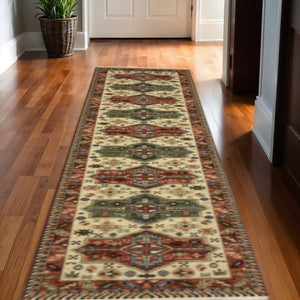 HomeRoots 6' Timeless Oriental Power Loom Runner Rug in Rich Red, Blue, and Ivory - Durable and Stylish Design 2'6" x 12' 510610