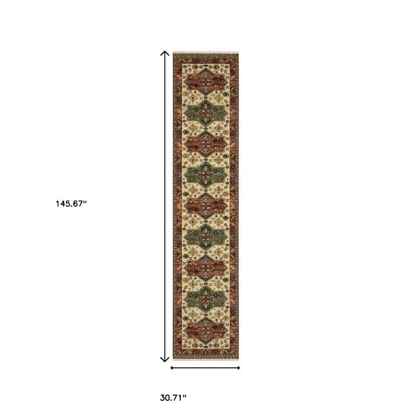 HomeRoots 6' Timeless Oriental Power Loom Runner Rug in Rich Red, Blue, and Ivory - Durable and Stylish Design 2'6" x 12' 510610