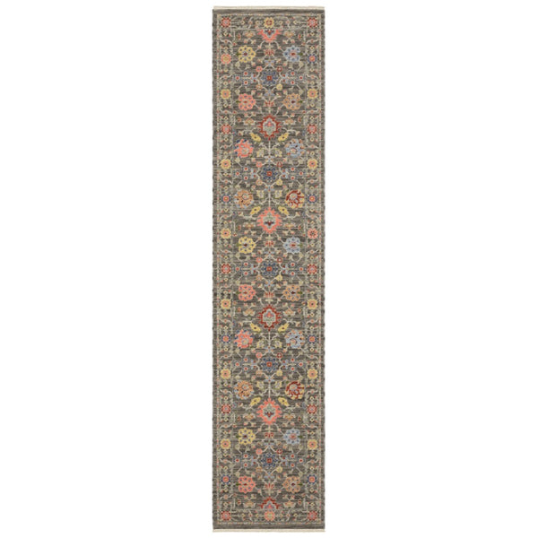 HomeRoots 2' Versatile Oriental Runner Rug with Multicolor Design and Stain-Resistant Features for High-Traffic Areas Grey/ Multi 2'6" x 12' 510612