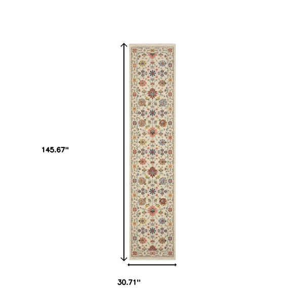 HomeRoots 2' Versatile Oriental Runner Rug with Multicolor Design and Stain-Resistant Features for High-Traffic Areas Ivory/ Multi 2'6" x 12' 510613