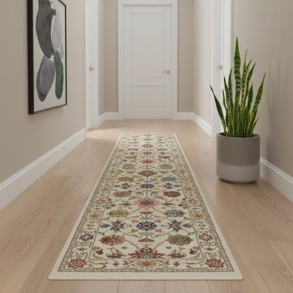 HomeRoots 2' Versatile Oriental Runner Rug with Multicolor Design and Stain-Resistant Features for High-Traffic Areas Ivory/ Multi 2'6" x 12' 510613