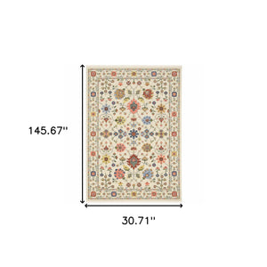 Homeroots 2' X 10' Orange And Ivory Oriental Power Loom Runner Rug With Fringe Ivory,Multi Genuine Wool 510613