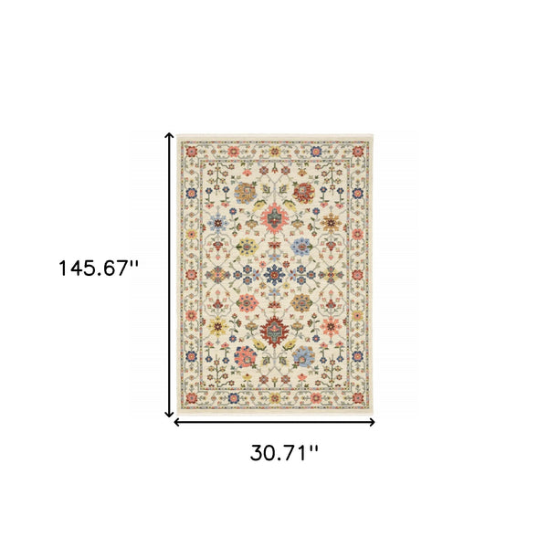 Homeroots 2' X 10' Orange And Ivory Oriental Power Loom Runner Rug With Fringe Ivory,Multi Genuine Wool 510613