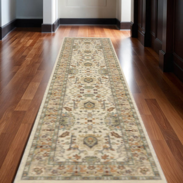 HomeRoots 2' Elegant Oriental Power Loom Runner Rug - Stain Resistant, Multi-Color, Fringed, Durable Design Ivory/ Multi 2'6" x 12' 510615