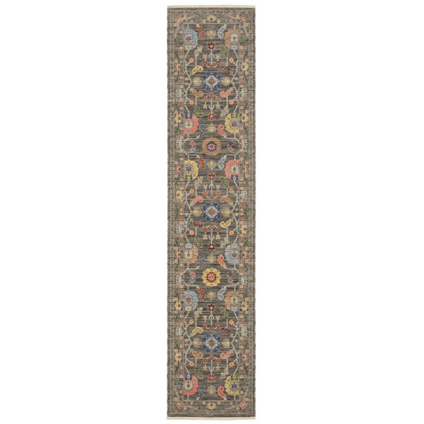 HomeRoots 2' Elegant Stain-Resistant Oriental Runner Rug with Fringe in Vibrant Multi-Color Bohemian Design Grey/ Multi 2'6" x 12' 510616