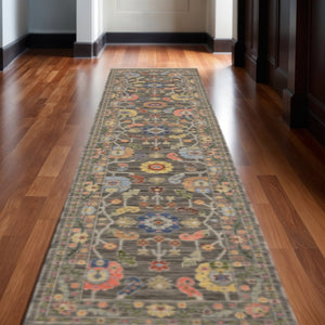 HomeRoots 2' Elegant Stain-Resistant Oriental Runner Rug with Fringe in Vibrant Multi-Color Bohemian Design Grey/ Multi 2'6" x 12' 510616
