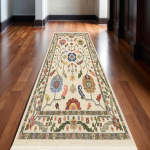 HomeRoots 2' Elegant Stain-Resistant Oriental Runner Rug with Fringe in Vibrant Multi-Color Bohemian Design Ivory/ Multi 2'6" x 12' 510617