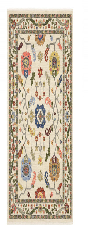 HomeRoots 2' Elegant Stain-Resistant Oriental Runner Rug with Fringe in Vibrant Multi-Color Bohemian Design Ivory/ Multi 2'6" x 12' 510617