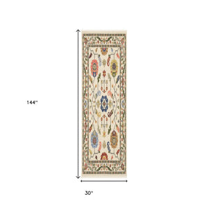 HomeRoots 2' Elegant Stain-Resistant Oriental Runner Rug with Fringe in Vibrant Multi-Color Bohemian Design Ivory/ Multi 2'6" x 12' 510617