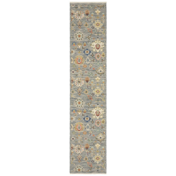 HomeRoots 2' Elegant Oriental Runner Rug with Vibrant Colors, Stain Resistance, and Classic Fringe Tassels Grey/ Multi 2'6" x 12' 510618