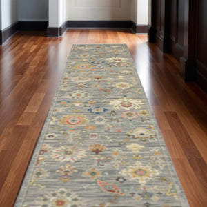 HomeRoots 2' Elegant Oriental Runner Rug with Vibrant Colors, Stain Resistance, and Classic Fringe Tassels Grey/ Multi 2'6" x 12' 510618