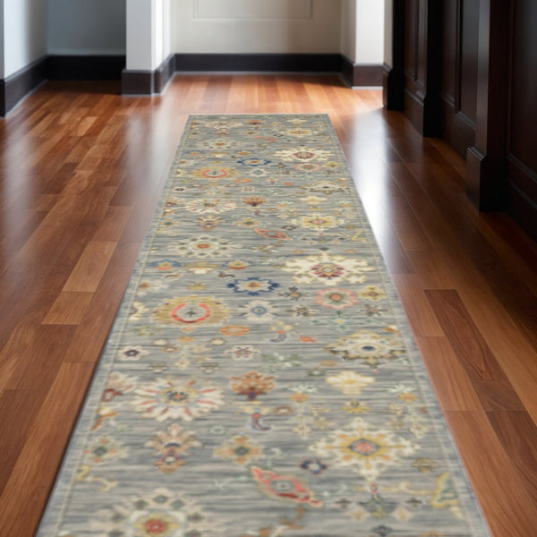 HomeRoots 2' Elegant Oriental Runner Rug with Vibrant Colors, Stain Resistance, and Classic Fringe Tassels Grey/ Multi 2'6" x 12' 510618