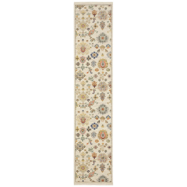 HomeRoots 2' Elegant Oriental Runner Rug with Vibrant Colors, Stain Resistance, and Classic Fringe Tassels Ivory/ Multi 2'6" x 12' 510619