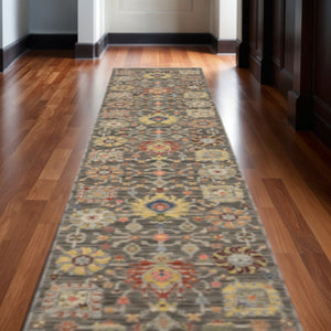 HomeRoots 2' Vibrant Oriental Power Loom Runner Rug with Classic Fringed Tassels - Stain Resistant for High Traffic Areas Grey/ Multi 2'6" x 12' 510620