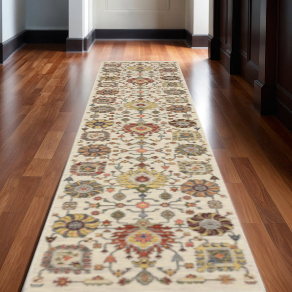 HomeRoots 2' Vibrant Oriental Power Loom Runner Rug with Classic Fringed Tassels - Stain Resistant for High Traffic Areas Ivory/ Multi 2'6" x 12' 510621