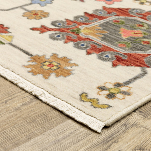 HomeRoots 2' Vibrant Oriental Power Loom Runner Rug with Classic Fringed Tassels - Stain Resistant for High Traffic Areas Ivory/ Multi 2'6" x 12' 510621