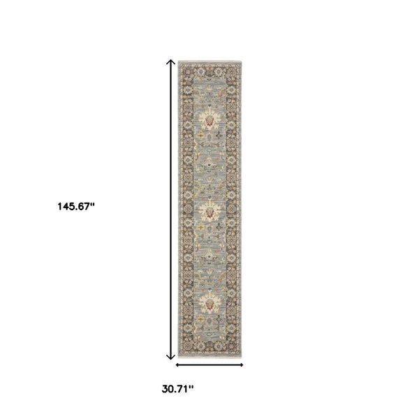 HomeRoots 6' Elegant Oriental Runner Rug in Blue, Ivory, and Red with Fringed Tassels for Hallways Blue/ Multi 2'6" x 12' 510622