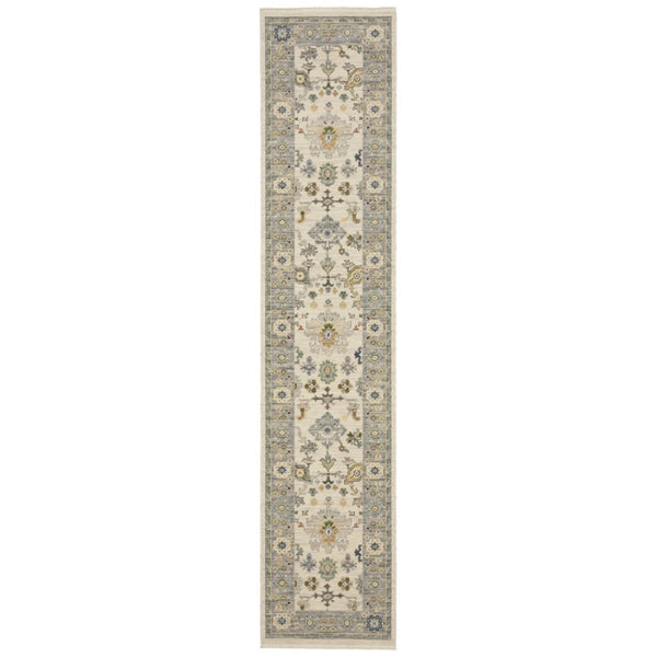 HomeRoots 6' Elegant Oriental Runner Rug in Blue, Ivory, and Red with Fringed Tassels for Hallways Ivory/ Blue 2'6" x 12' 510623