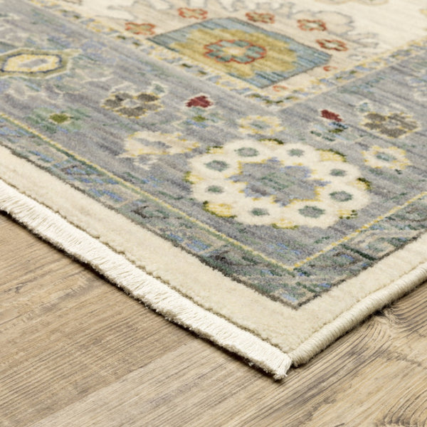 HomeRoots 6' Elegant Oriental Runner Rug in Blue, Ivory, and Red with Fringed Tassels for Hallways Ivory/ Blue 2'6" x 12' 510623