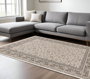 HomeRoots 2' Ivory and Grey Oriental Runner Rug - Stain-Resistant, Power-Loomed Elegance for High-Traffic Areas 10' X 13' 510624