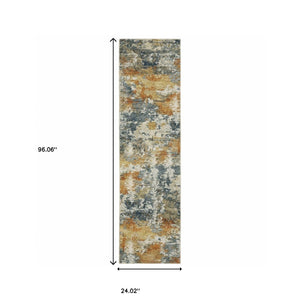 Homeroots 2' X 8' Teal Blue Orange Gold Grey Tan Brown And Beige Abstract Printed Stain Resistant Non Skid Runner Rug  Polyester 510641