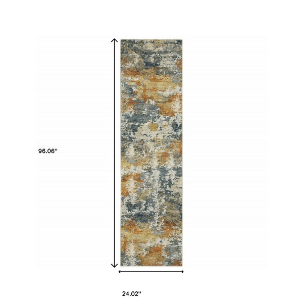 Homeroots 2' X 8' Teal Blue Orange Gold Grey Tan Brown And Beige Abstract Printed Stain Resistant Non Skid Runner Rug  Polyester 510641
