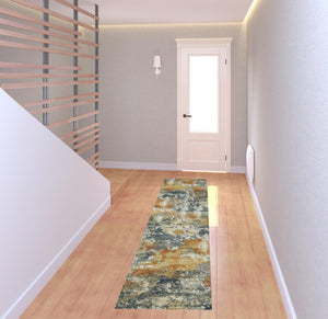 Homeroots 2' X 8' Teal Blue Orange Gold Grey Tan Brown And Beige Abstract Printed Stain Resistant Non Skid Runner Rug  Polyester 510641