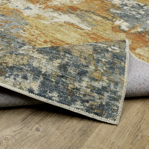 Homeroots 2' X 8' Teal Blue Orange Gold Grey Tan Brown And Beige Abstract Printed Stain Resistant Non Skid Runner Rug  Polyester 510641