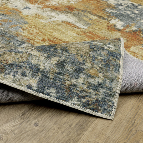 Homeroots 2' X 8' Teal Blue Orange Gold Grey Tan Brown And Beige Abstract Printed Stain Resistant Non Skid Runner Rug  Polyester 510641