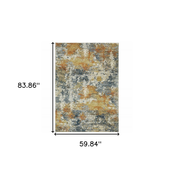 Homeroots 5' X 7' Teal Blue Orange Gold Grey Tan Brown And Beige Abstract Printed Stain Resistant Non Skid Area Rug  Polyester 510643