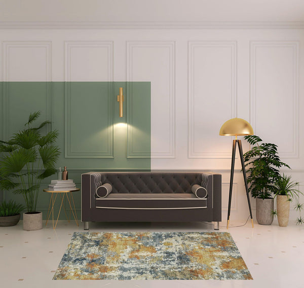 Homeroots 5' X 7' Teal Blue Orange Gold Grey Tan Brown And Beige Abstract Printed Stain Resistant Non Skid Area Rug  Polyester 510643