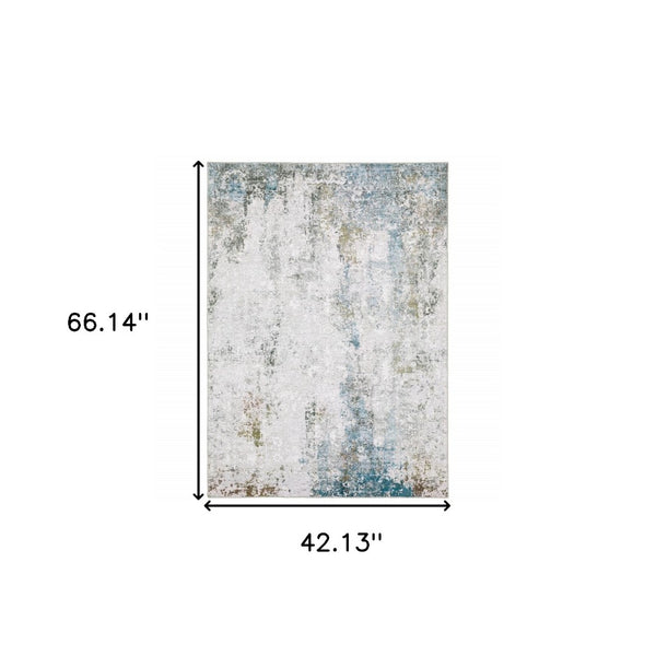 HomeRoots 4' Elegant Ivory and Blue Abstract Area Rug - Stain-Resistant, Non-Skid for Modern Living Spaces 4' X 6' 510647