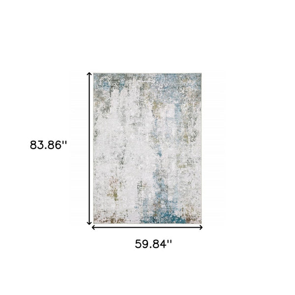HomeRoots 4' Elegant Ivory and Blue Abstract Area Rug - Stain-Resistant, Non-Skid for Modern Living Spaces 5' X 7' 510648