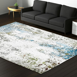 HomeRoots 4' Elegant Ivory and Blue Abstract Area Rug - Stain-Resistant, Non-Skid for Modern Living Spaces 5' X 7' 510648