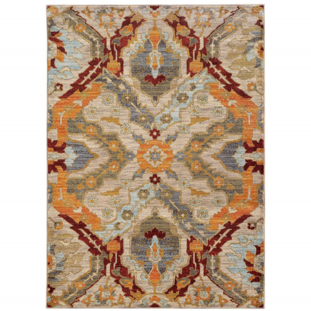 HomeRoots 10' Abstract Power Loom Area Rug in Beige, Orange, Blue, Gold & Grey - Stain-Resistant & Stylish 10' X 13' 510671