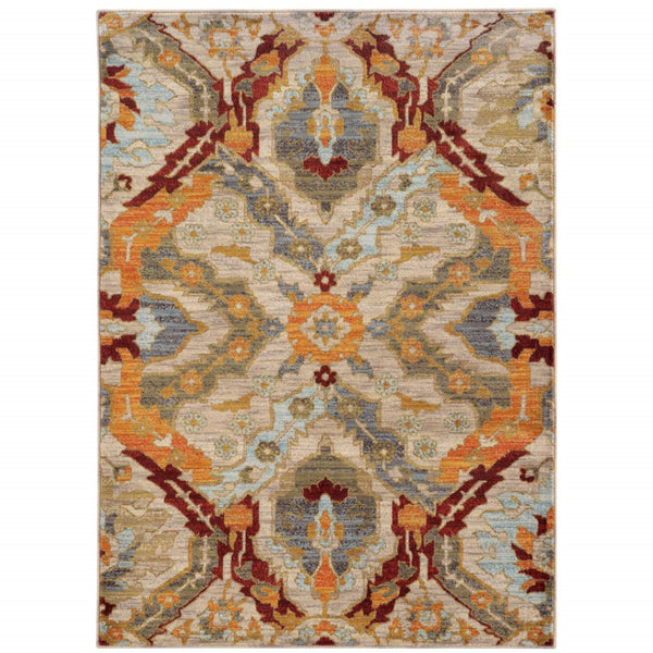 HomeRoots 10' Abstract Power Loom Area Rug in Beige, Orange, Blue, Gold & Grey - Stain-Resistant & Stylish 10' X 13' 510671
