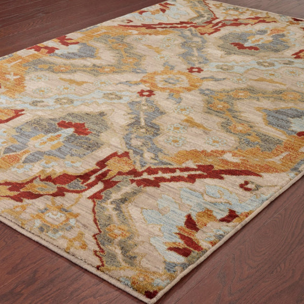HomeRoots 10' Abstract Power Loom Area Rug in Beige, Orange, Blue, Gold & Grey - Stain-Resistant & Stylish 10' X 13' 510671