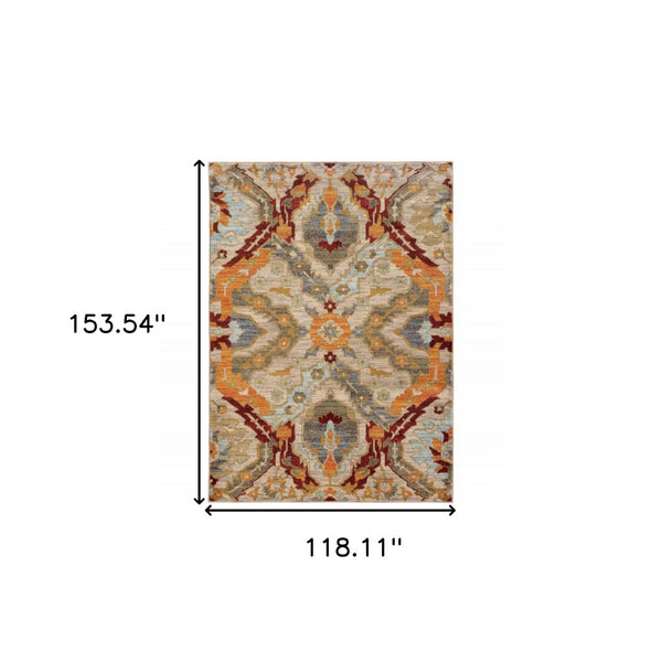 HomeRoots 10' Abstract Power Loom Area Rug in Beige, Orange, Blue, Gold & Grey - Stain-Resistant & Stylish 10' X 13' 510671