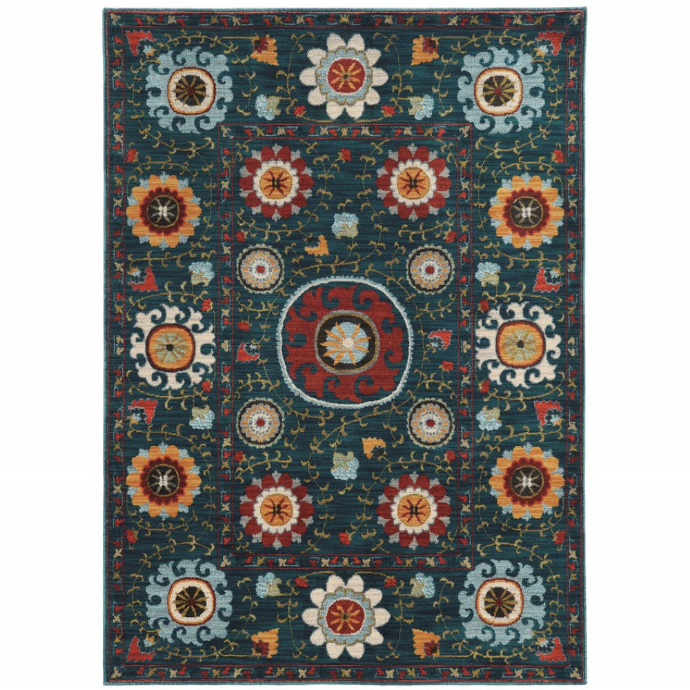 HomeRoots 10' Teal Blue Floral Area Rug - Stain Resistant, Vintage-Inspired Design for Bohemian Decor 10' X 13' 510707
