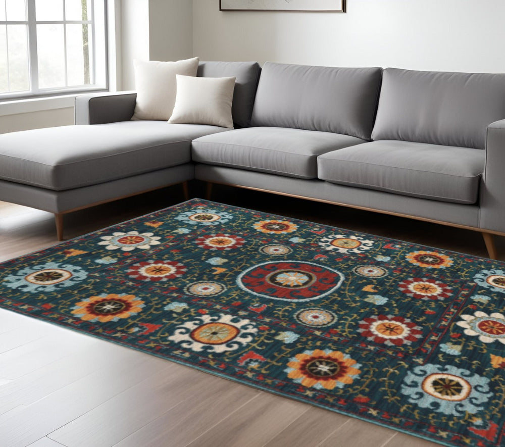 HomeRoots 10' Teal Blue Floral Area Rug - Stain Resistant, Vintage-Inspired Design for Bohemian Decor 10' X 13' 510707