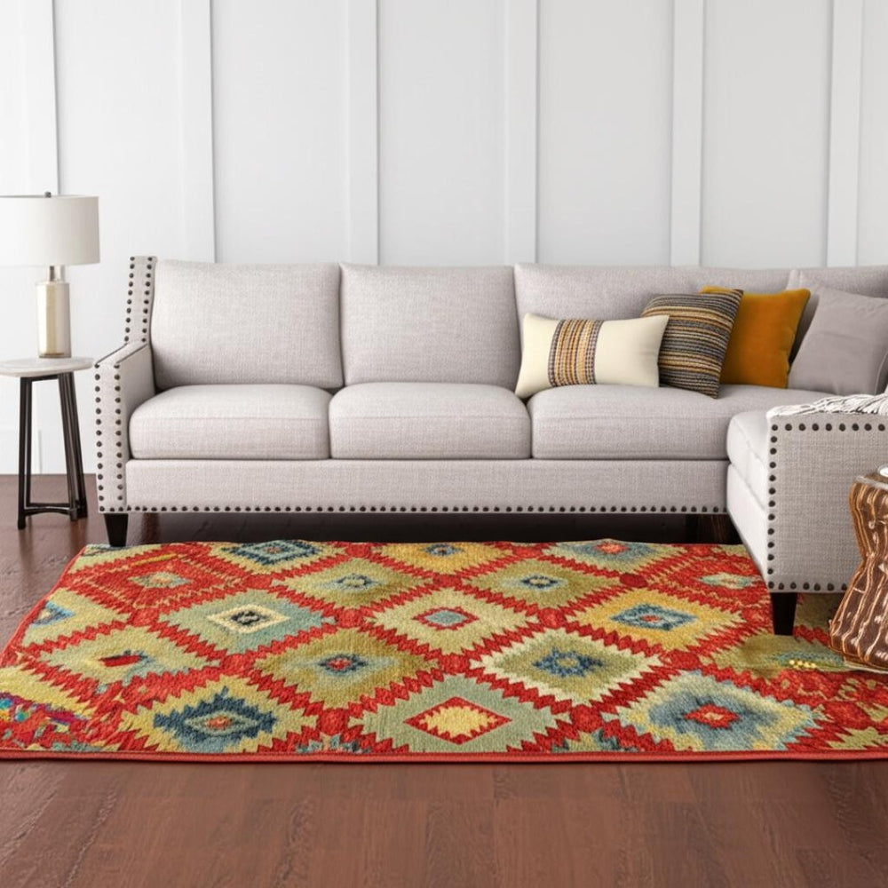 HomeRoots 10' Vibrant Geometric Area Rug - Stain-Resistant, Power Loomed, Modern Southwestern Design for Any Space 10' X 13' 510714