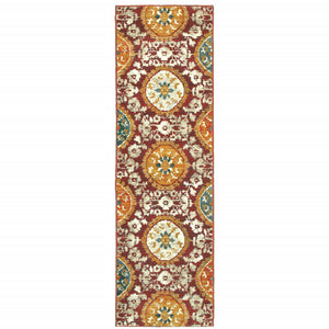 Homeroots 2' X 8' Red Gold Teal Grey Ivory And Blue Oriental Power Loom Stain Resistant Runner Rug  Other Material 510723
