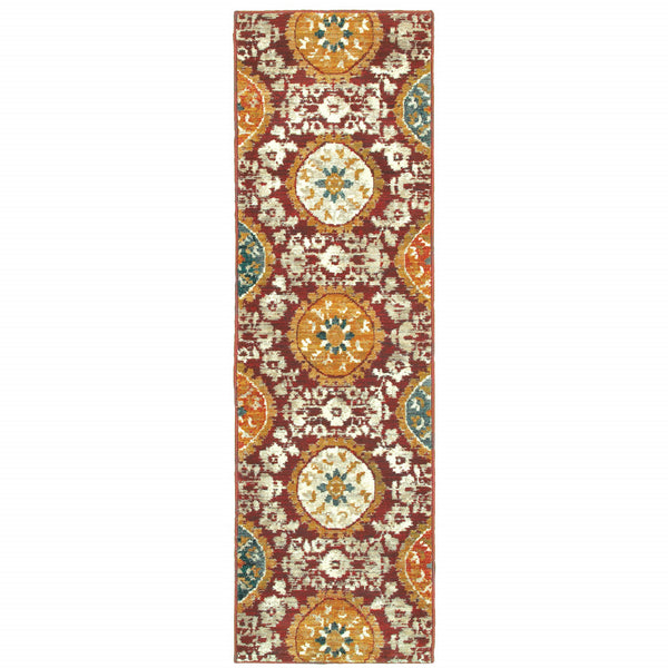 Homeroots 2' X 8' Red Gold Teal Grey Ivory And Blue Oriental Power Loom Stain Resistant Runner Rug  Other Material 510723