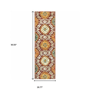 Homeroots 2' X 8' Red Gold Teal Grey Ivory And Blue Oriental Power Loom Stain Resistant Runner Rug  Other Material 510723