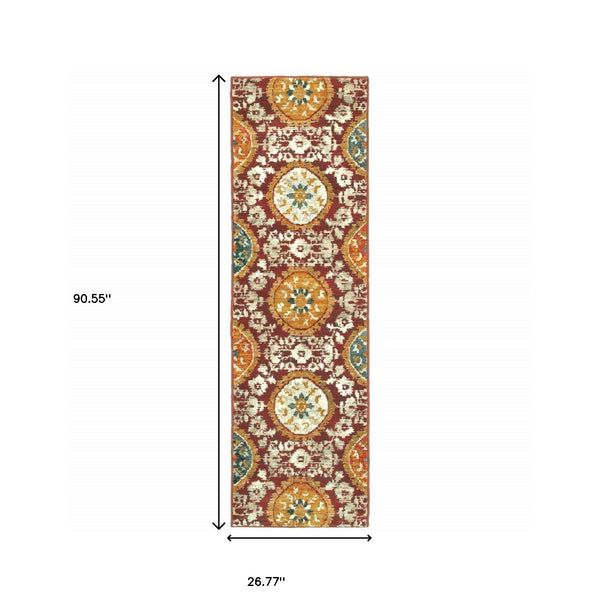 Homeroots 2' X 8' Red Gold Teal Grey Ivory And Blue Oriental Power Loom Stain Resistant Runner Rug  Other Material 510723