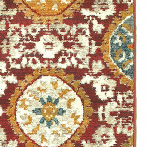 Homeroots 2' X 8' Red Gold Teal Grey Ivory And Blue Oriental Power Loom Stain Resistant Runner Rug  Other Material 510723