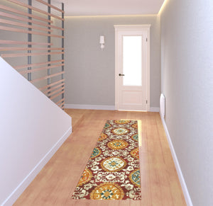 Homeroots 2' X 8' Red Gold Teal Grey Ivory And Blue Oriental Power Loom Stain Resistant Runner Rug  Other Material 510723