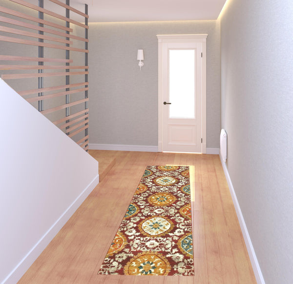 Homeroots 2' X 8' Red Gold Teal Grey Ivory And Blue Oriental Power Loom Stain Resistant Runner Rug  Other Material 510723