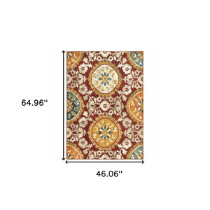 Homeroots 4' X 6' Red Gold Teal Grey Ivory And Blue Oriental Power Loom Stain Resistant Area Rug  Other Material 510724